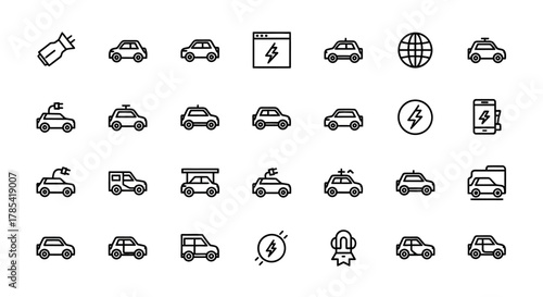A collection of simple black and white line icons related to electric vehicles and charging, including cars, charging stations, and technological symbols