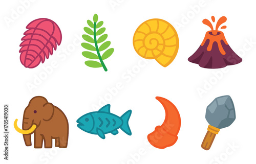 Colorful dinosaur era icons featuring fossils, volcano, and prehistoric creatures