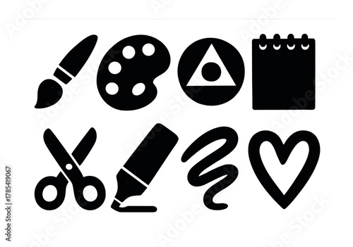 Art and craft tools: brush, palette, scissors, marker, notebook, heart