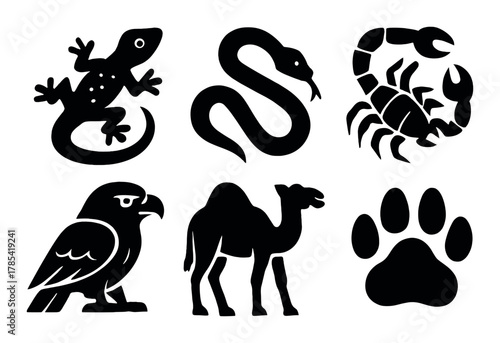 Desert animal silhouettes: gecko, snake, scorpion, hawk, camel, paw print