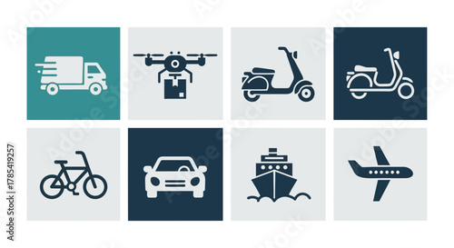 A collection of stylized transportation icons set on color-blocked backgrounds, including a truck, drone, scooter, bicycle, car, ship, and airplane