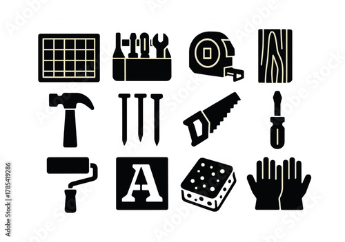 Set of black construction and carpentry tool icons on yellow background