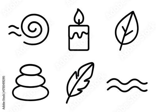 Set of minimalist zen icons with candle, feather, and leaf designs