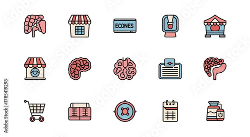 A collection of 15 colorful, cartoon-style icons. The images include illustrations of a brain, shop, and calendar, amongst others. The design features a light pastel color palette