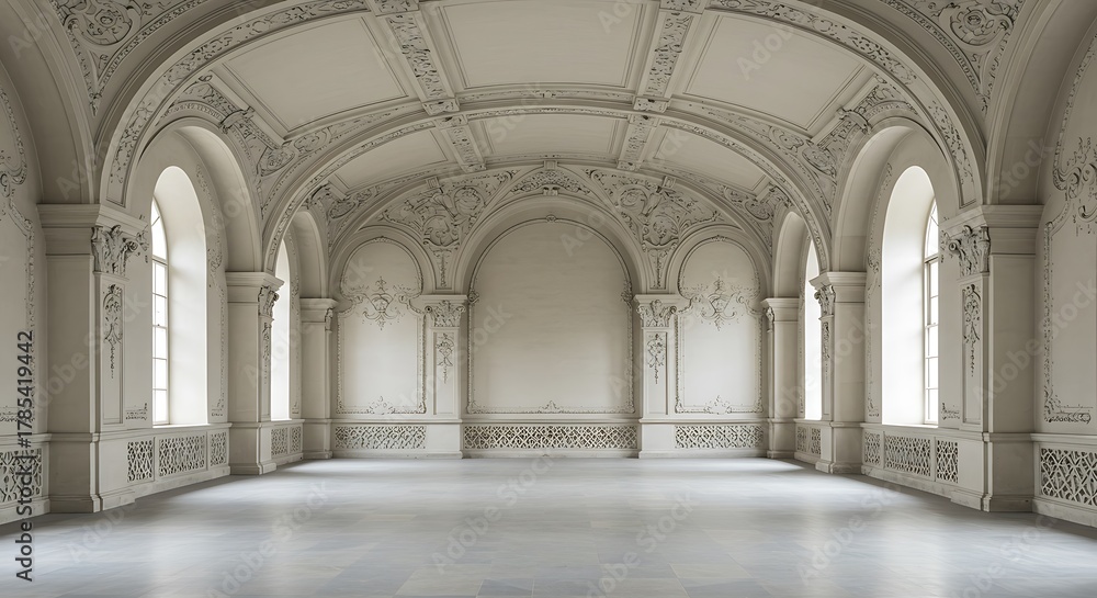 Fototapeta premium Empty square room with classic architecture featuring archs. Gypsum fretwork on the wall