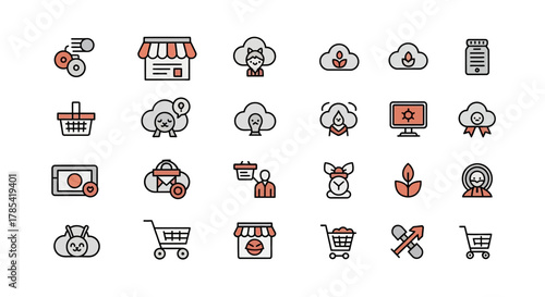A collection of 24 distinct, colorful, and stylized icons with simple outlines and flat illustrations. Icons representing various elements like commerce, clouds, people, and technological devices