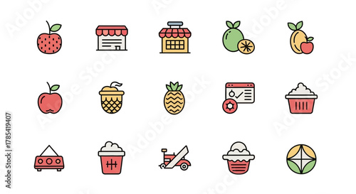 A collection of colorful, flat-style vector icons featuring fruit, pastries, and business/technology elements. There are also illustrations of a shop, a food cart, and a small vehicle
