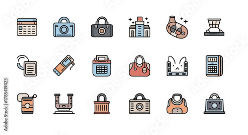 A collection of simple, colorful icons featuring various objects like cameras, bags, a building, a calculator, a can, and a U-shaped magnet, all with a clean, vector-style design