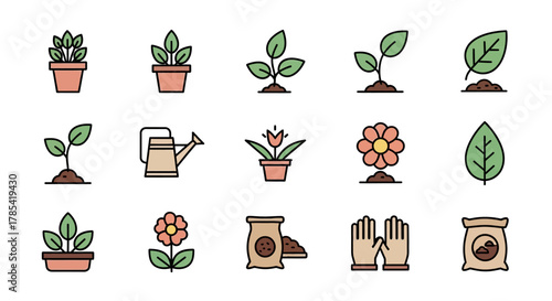 Vector illustration featuring garden elements like plants in pots, single leaves, seedlings, watering can, flowers, gloves, and bags of soil, presented with a flat design