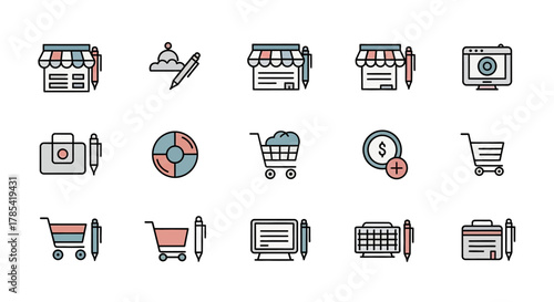 Set of colorful, flat-style icons featuring business and office related symbols like shops, carts, pens, and a computer.  Includes financial and data analysis elements