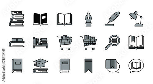 A collection of simple, grayscale icons. Books, shopping carts, writing utensils, and a desk lamp are depicted in the set. A speech bubble appears with book inside