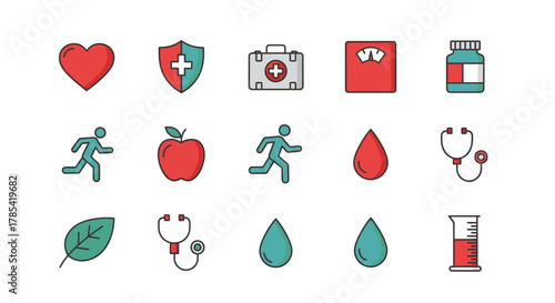 A collection of simple, colorful icons representing health, wellness, and medical concepts like heart, first aid, healthy food, exercise, and blood. Elements are clearly outlined