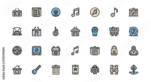 Collection of stylized, colorful icons featuring symbols like musical notes, a shopping cart, a mobile phone, a radar, a lock, and other shapes on a white background