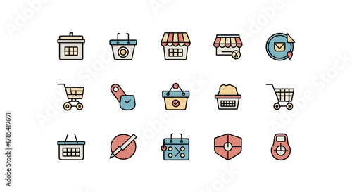 A flat design collection of stylized icons with a light color palette, depicting shopping carts, baskets, shops, clocks, mail, and other related symbols. Ideal for web or print projects