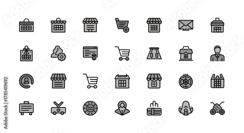 A collection of 28 outline icons in a flat style, featuring shopping carts, shops, calendar, user interface, business, and more. All icons are colored gray with black outlines on a white background