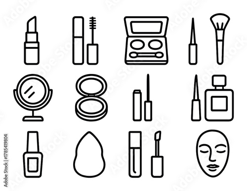 Vector icons of makeup products: lipstick, mascara, brushes, face palette, mirror