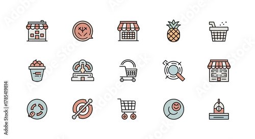 A collection of vibrant vector icons, featuring a shop, pineapple, shopping cart, juice cup, search, and more, all with a clean, illustrative style
