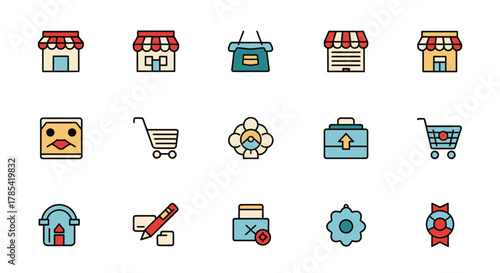 A collection of fifteen colorful, minimalist icons. Includes shops, carts, a flower, a face, a briefcase, gears, a pen, and an award ribbon. The icons have a defined outline