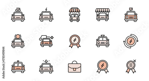 A set of 15 minimalist illustrations featuring cars in various situations and related symbols like ribbons and a briefcase. The color palette is soft, and outlines are bold
