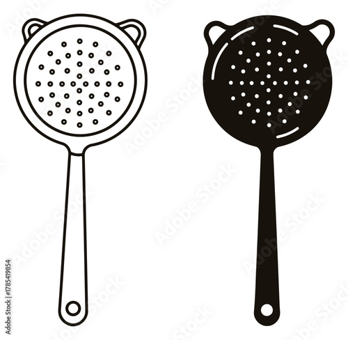 Black and white illustration of two kitchen strainers representing cooking and culinary concepts.