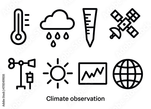 Climate observation icons: thermometer rain gauge satellite weather monitoring