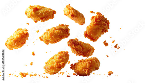Crispy, golden fried chicken nuggets falling against dark background