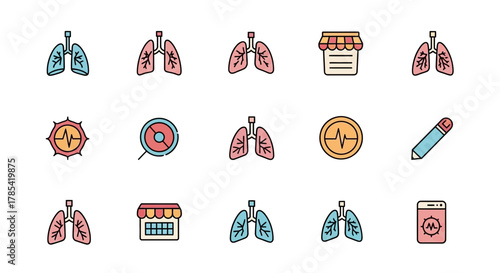 A collection of colorful, cartoon-style icons. Included are images of lungs, shopping fronts, a pencil, heart monitor, a search icon, and other related symbols