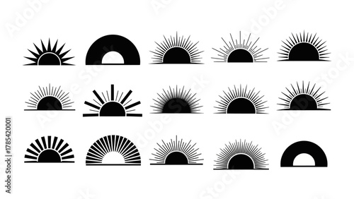 Collection of Stylized Sun Icons Representing Dawn, Sunrise, and New Beginnings