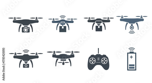 Set of drone icons showcasing various designs, functionality, and remote controller. Includes delivery, camera, and battery symbols. Perfect for technology and aviation-related visual elements