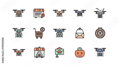 A colorful collection of various stylized icons with outlines. Depicted are drones, shopping, shopping cart, mail, a life preserver, and a jack-o-lantern. Designs are in a flat, vector style