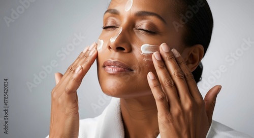A photograph of an African American woman applying facial cream to her face