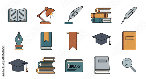Vector illustration of educational elements, including books, writing tools, a lamp, graduation caps, and a library card, rendered in a simple, flat design style
