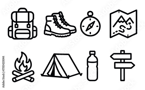 Camping and hiking equipment icons: backpack, boots, compass, map, fire, tent, water bottle, signpost