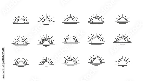 Diverse linear sun graphic elements for sunrise, sunset, and celestial themed projects