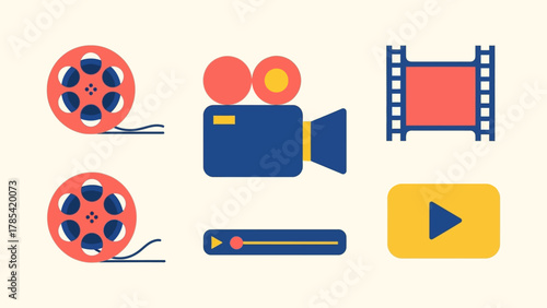 Colorful Film Elements Illustration Reels, Camera, Filmstrip, Play Button and Video Player