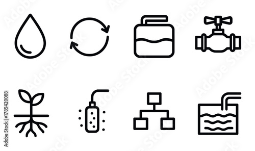 Water management icons: recycling, plumbing, irrigation, filtration system
