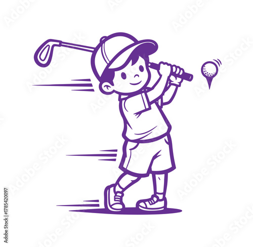 Young boy swinging golf club hitting ball on a tee vector illustration