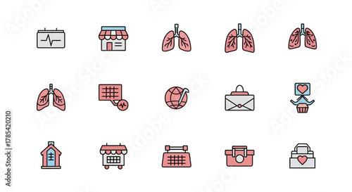 A collection of simple, flat-style icons featuring various elements, including a calendar, shop, lungs, and heart-related symbols, along with a globe, letter, and other objects