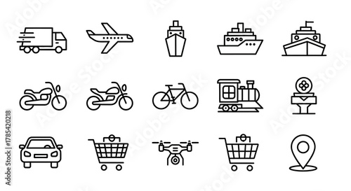 A vector illustration showcasing transportation methods, from delivery truck to drone, plus shopping carts, and a location pin. A range of outlines create the concepts