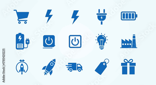 A collection of blue icons on a light background. Features cart, lightning, plug, battery, power, light bulb, factory, timer, rocket, delivery truck, tag and gift box