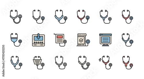 A collection of 15 colorful, stylized illustrations showcasing medical stethoscopes in various designs, alongside other medical-related digital icons, presented with simple outlines and flat coloring
