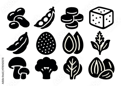 Black silhouette icons of vegan protein sources in abstract design