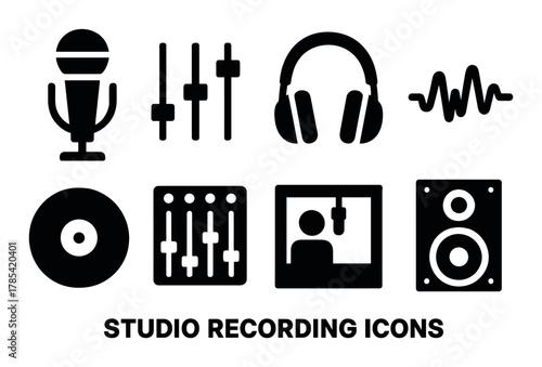 Studio recording icons with microphone, headphones, mixer, and sound wave graphics