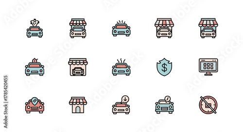 A collection of colorful car-themed icons. Depicted are various cars, some with smoke or accessories, alongside icons representing a car dealership, insurance, computer, and time