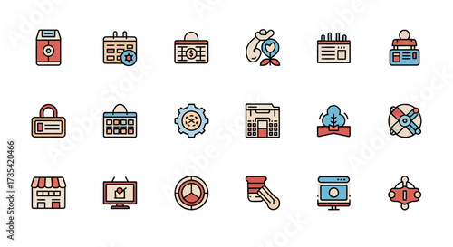 A colorful collection of various stylized icons, using a simple, flat design style. The icons include a variety of objects and concepts. Each has a solid color outline and fill with a similar palette