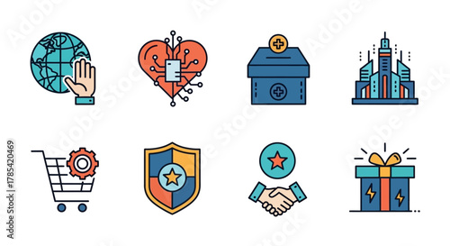 Collection of vector icons representing diverse concepts. Includes a globe, circuit heart, medical box, cityscape, shopping cart, shield, handshake, and gift box. Illustrative and colorful