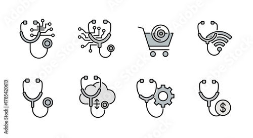 Eight simple medical icons, each featuring a stethoscope paired with elements like circuits, a cart, WiFi, a cloud, a gear, and a dollar sign. A mix of health, technology and finance