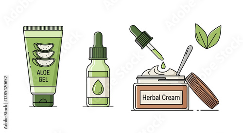 Herbal Skincare Products - Aloe Gel, Oil, and Cream Illustration.