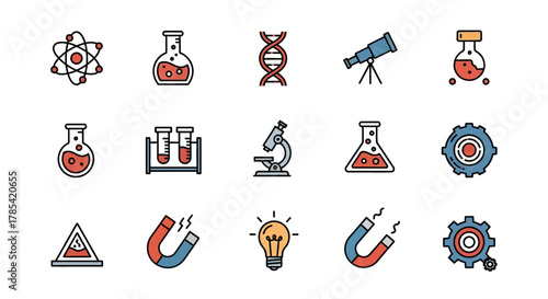 A collection of science-themed vector icons. Included are atom structure, beakers, DNA strand, telescope, test tubes, microscope, gears, warning sign, magnets, and lightbulb