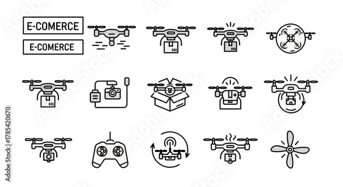 A collection of line-art icons related to drones. The image includes text, drones in various configurations, remote control, camera, and propellers, all in a black and white color scheme